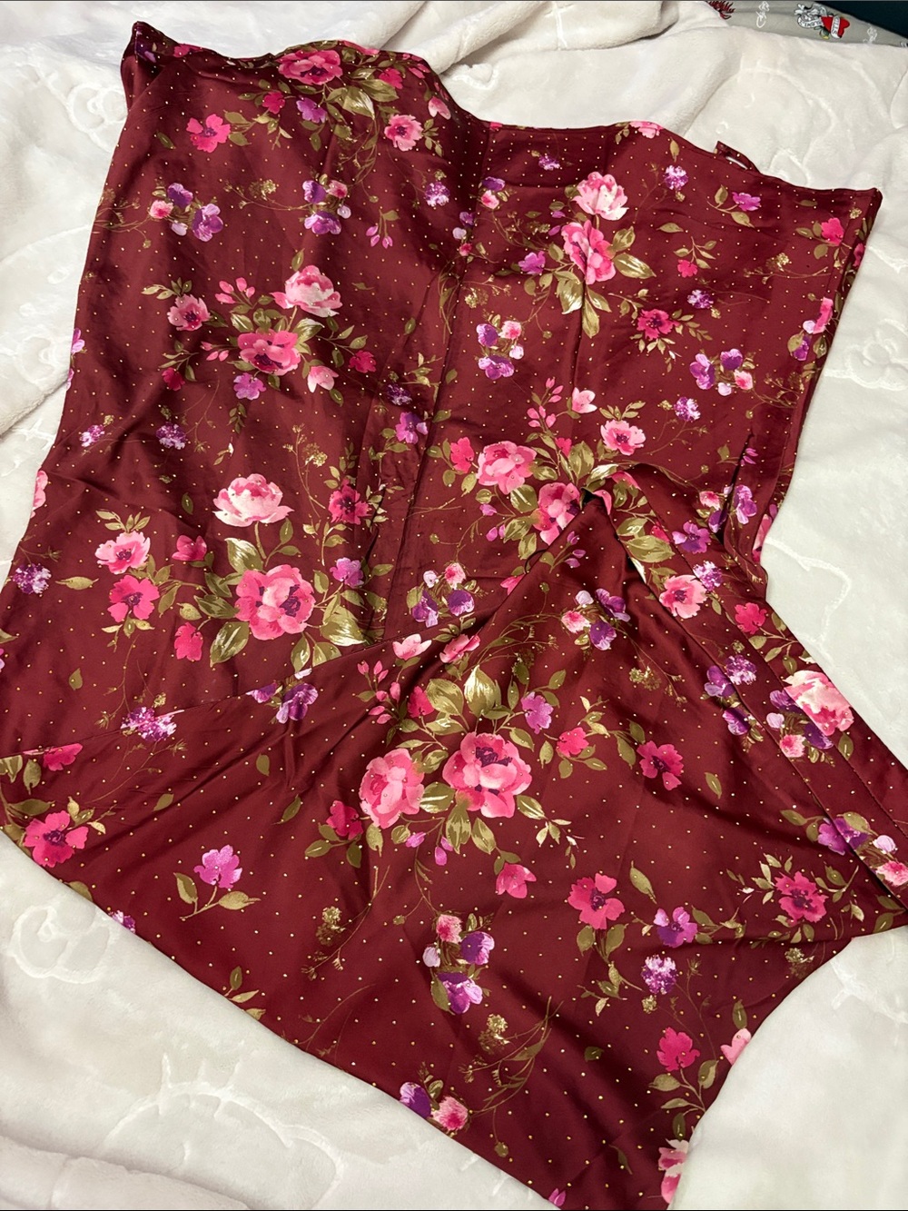 Floral Burgundy Satin Dress with Pink Rose Print